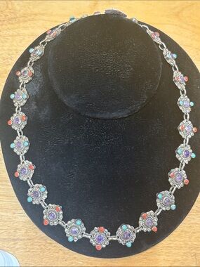 Pure silver Link Necklace - Purple, Turquoise & Coral vintage